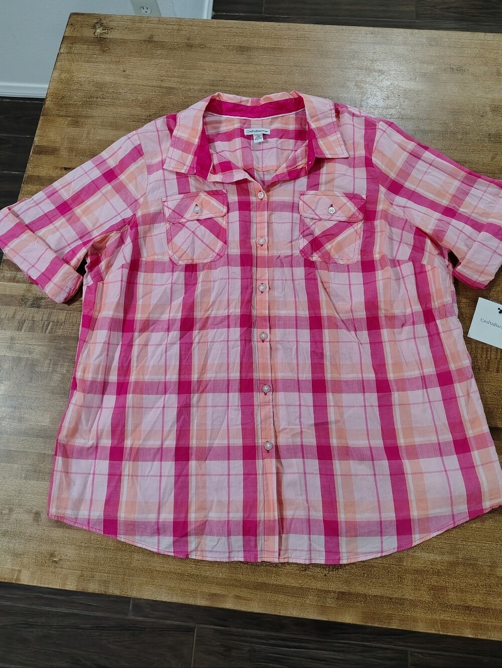 CROFT & BARROW Pink Plaid Fold Tab Sleeve Button-Up Shirt NWT